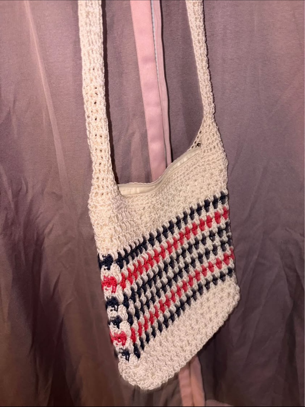 croft & barrow Cream Crochet Crossbody with Red & Navy Stripes